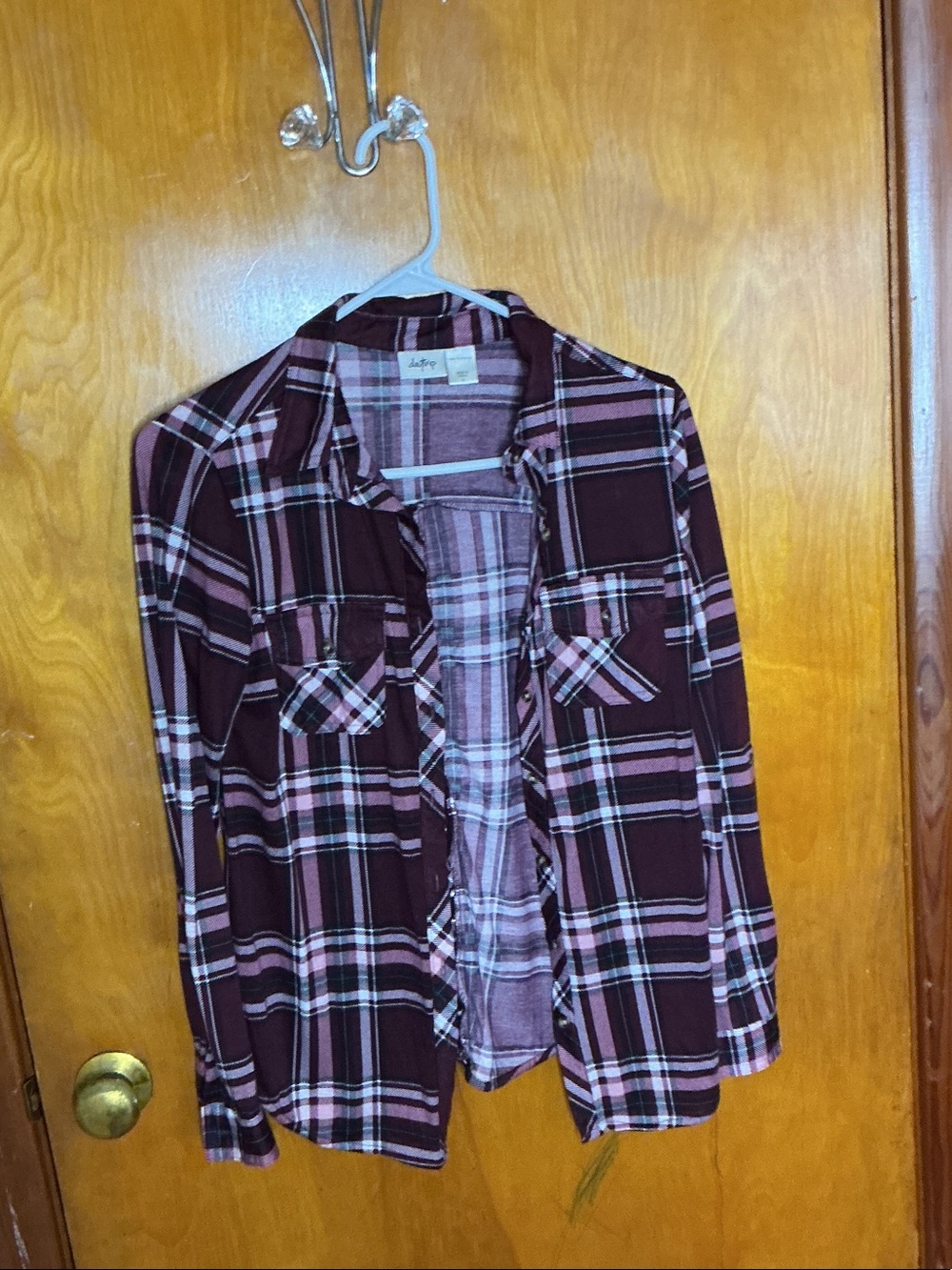 Day trip Maroon & Pink Plaid Button-Up Jacket